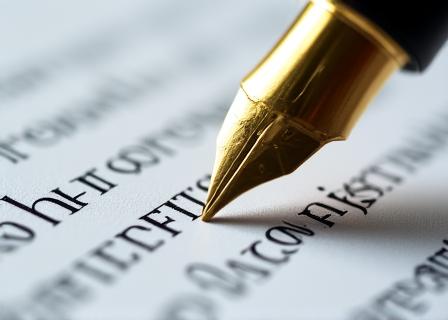 A fountain pen resting on a clear, well-structured legal document