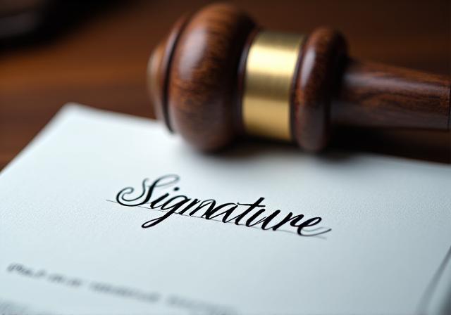 Close-up of a legal gavel resting on a signed contract document