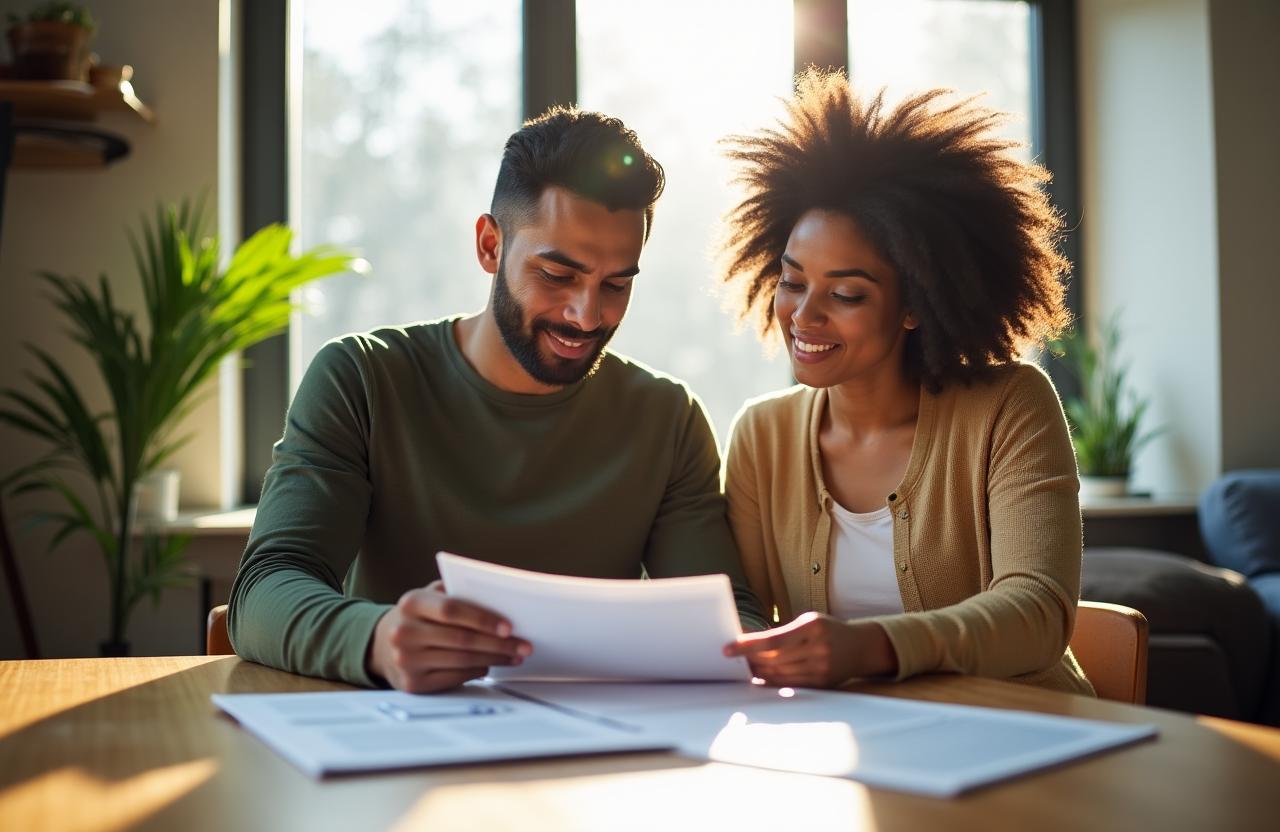 A couple discussing personal legal documents in a comfortable modern home setting